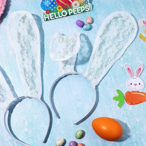 Vista 5 de Paquete de 2 diademas de encaje para mujer diseño de orejas de conejo color blanco para mujeres adultos niñas niños Pascua fiesta de máscaras