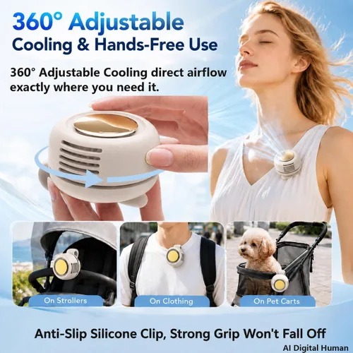 Vista 2 de Mini ventilador silencioso portátil sin aspas, clip giratorio de 360° en Blanco