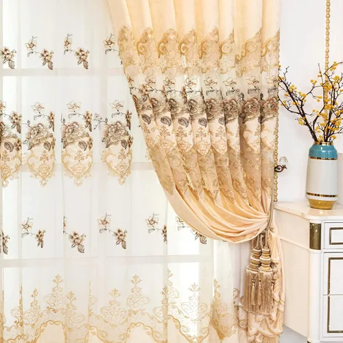 Vista 6 de ELKCA Cortina de Chenille Bordada Beige de Estilo Europeo para Sala de Estar, Elegantes Cortinas Florales de Chenille para Dormitorio, Parte