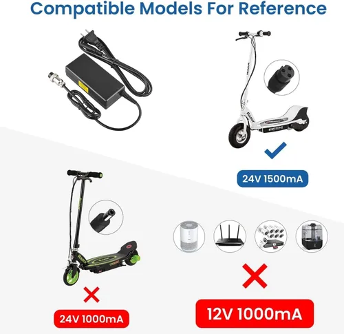 Vista 2 de Adaptador de CA de 24V 2A compatible con Razor Dirt Quad Scooter eléctrico Cable cargador de fuente de alimentación