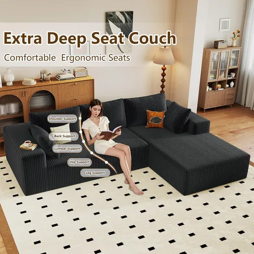 Vista 3 de Sofá seccional modular de 96", sofá en forma de L tipo nube sin estructura con chaise lounge, tapizado de pana con asiento profundo de espuma Negro