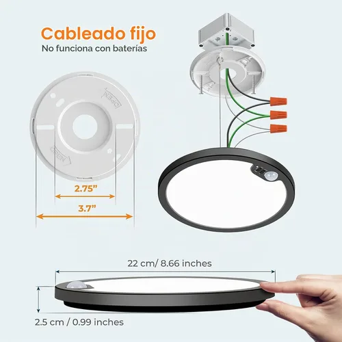 Vista 7 de BLNAN Lámpara de techo con sensor de movimiento con cable, 8.7 pulgadas, 3000 K, 4000 K, 5000 K, seleccionable, lámpara LED de montaje empotrado
