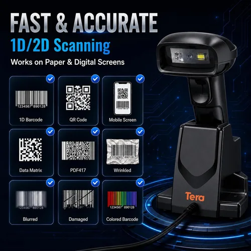 Vista 4 de Tera Escáner de código de barras con cuna de carga: 1D 2D QR lector Negro