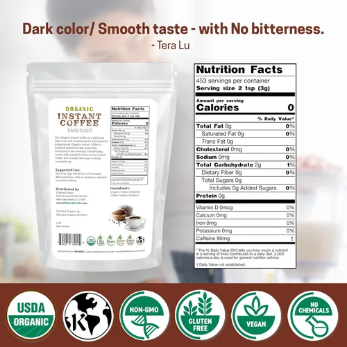 Vista 2 de Z Natural Foods Café instantáneo orgánico en polvo, rico sabor tostado oscuro, polvo de espresso instantáneo arábica con antioxidantes para aumentar
