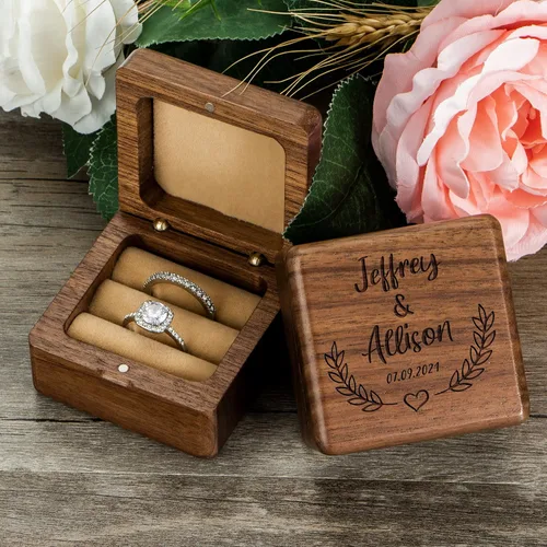 Vista 2 de KWOOD Caja de anillo de boda personalizada, Caja de anillo de madera, Caja cuadrada de anillo doble, Caja de anillo de compromiso, Soporte de caja