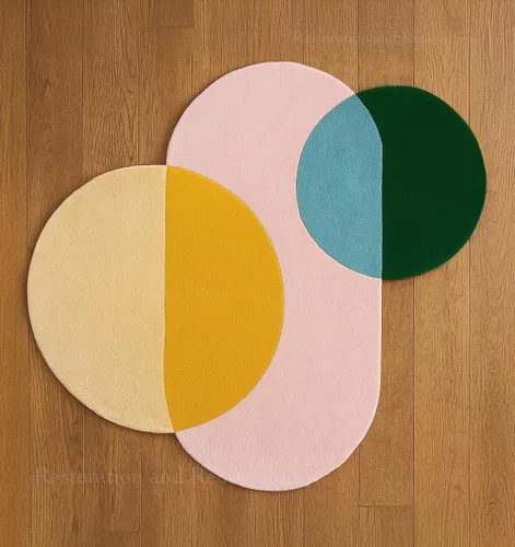 Vista 2 de Restoration and Renovation Alfombra de área de forma irregular con círculos geométricos – Alfombra moderna copetuda a mano 100% lana para sala