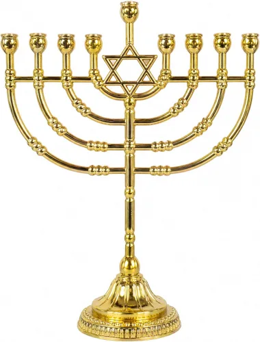Vista 10 de YU FENG 7" 9 Branch Hanukkah Menorah, Gold Plated Candle Holder Menorá judía para Janucá, portavelas de Shabat, decoración tradicional navideña Oro