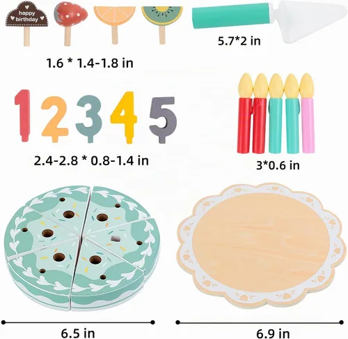 Vista 6 de Juego de comida de madera para jugar a pastel de cumpleaños, juego de fiesta de té para niños pequeños, juegos de accesorios de cocina Montessori