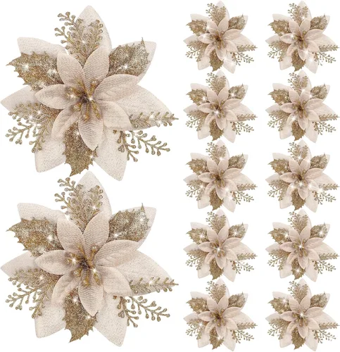 Vista 20 de Canlierr 12 piezas flores de Pascua de Navidad de 5.7 pulgadas con purpurina, flores artificiales con clips, adorno de árbol de Navidad para corona
