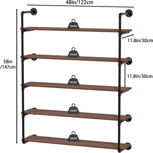 Vista 2 de Estante industrial de tubo de hierro de 5 niveles, estantería de tubo de 48 pulgadas con tablón de madera maciza, estantes abiertos para libros