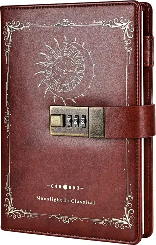Vista 9 de TIEFOSSI Diario de cuero de constelación con cerradura, diario de luna y sol del zodiaco para escribir, cuaderno B6 con papel rayado para mujeres