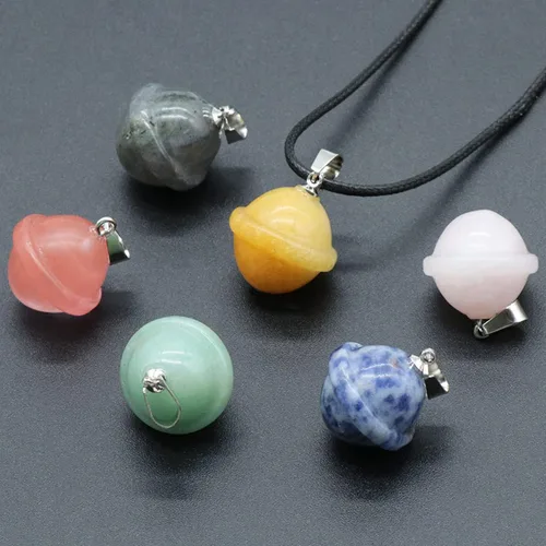Vista 6 de Collar con colgante de piedra natural, ópalo de cuarzo rosa, globo OVNI Reiki, cristales de reiki, collares de cuerda larga para mujeres, joyería