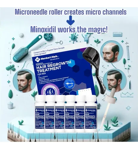 Vista 2 de Paquete de 6 unidades de minoxidil al 5% para hombres para tratamiento de crecimiento del cabello, solución líquida extra fuerte 5% tópica
