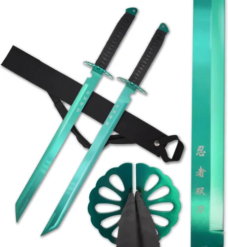 Vista 7 de Juego de espada ninja doble con mango envuelto de nailon negro, 28 pulgadas en total, hoja de acero inoxidable de 18.25 pulgadas, incluye correa