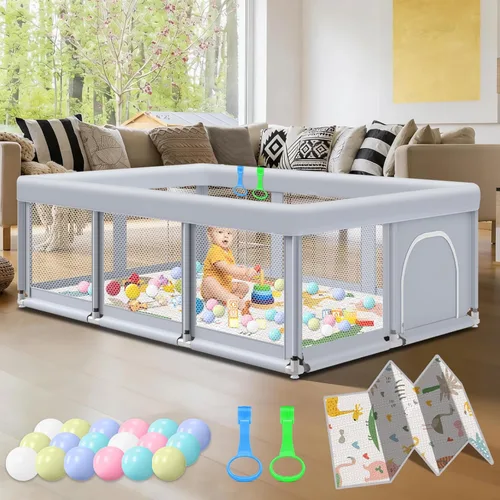 Vista 11 de Fshibila Corralito para bebés con alfombra, corralitos para bebés y niños pequeños, corralito de juego BabyFence para interiores y exteriores, patio