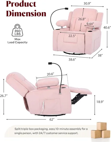 Vista 2 de Silla reclinable giratoria eléctrica con reposabrazos ajustables
