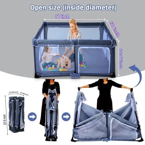 Vista 2 de Corralito plegable para bebés de 50 x 50 pulgadas, corral de juegos para bebés y niños pequeños, corral portátil, valla plegable para interiores