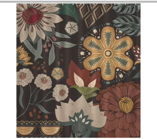 Vista 21 de Cortina de ducha con 12 ganchos para baño, 72 x 72 pulgadas, diseño floral bohemio con hojas tropicales retro y florales (bohemio floral-1)