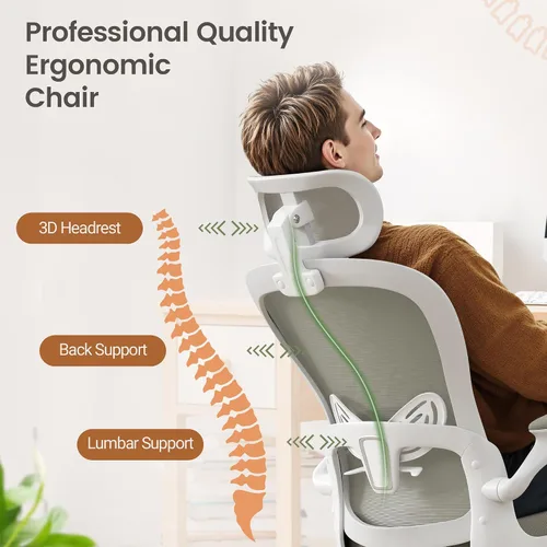 Vista 4 de Homall Silla ergonómica de oficina para computadora, silla de escritorio con reposacabezas 3D, soporte lumbar ajustable, silla de malla con respaldo