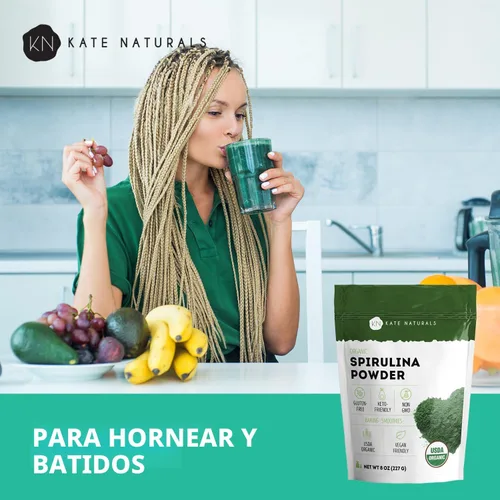 Vista 4 de Kate Naturals Polvo de espirulina orgánica para apoyo inmunológico y antioxidantes. Suplemento superalimento denso en nutrientes