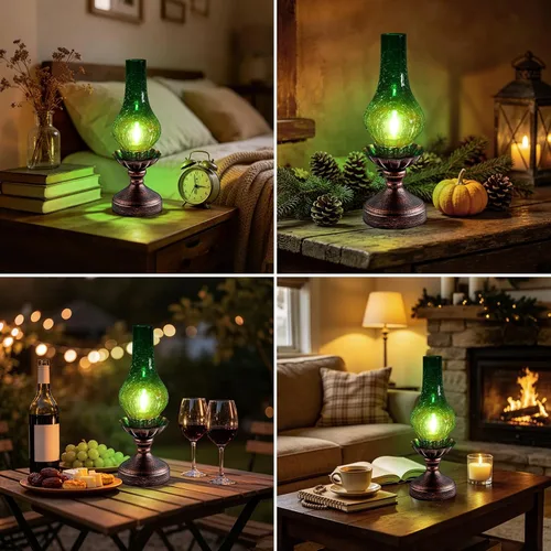 Vista 3 de Lámpara de mesa vintage con pantalla de cristal agrietado verde, control táctil y regulable de 3 vías, lámpara de noche rústica retro