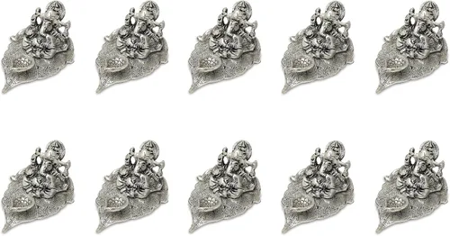 Vista 3 de NOBILITY Ganesha de plata alemana en hoja estatua Ganesh ídolo con Diya para oficina en casa, Pooja Puja Diwali, artículos decorativos de regalo