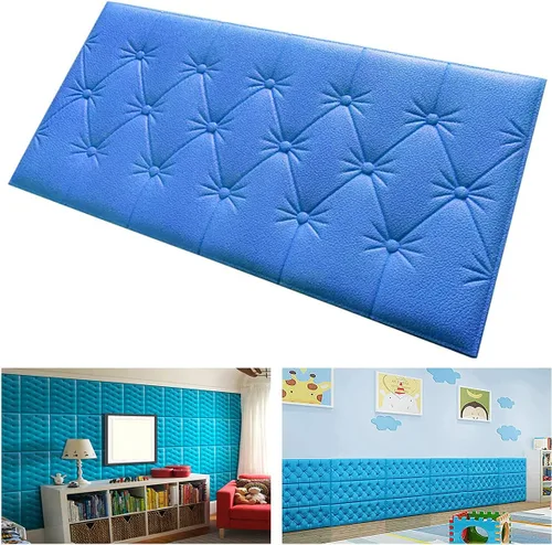 Vista 10 de Paneles de pared de espuma autoadhesivos 3D, 23.6 x 11.8 pulgadas, decoración de revestimiento de cuero, anti-colisión, cojín suave para cubrir Azul