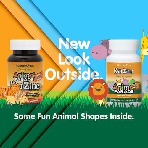 Vista 2 de NaturesPlus Animal Parade KidZinc, sabor a mandarina, 90 pastillas con forma de animal, zinc quelado orgánicamente, vegano, sin gluten, 90 porciones
