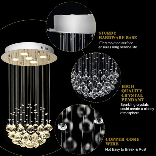 Vista 8 de Tangkula Moderno candelabro de cristal K9, lámpara de techo LED de montaje empotrado para sala de estar, comedor y dormitorio, 5 luces GU10