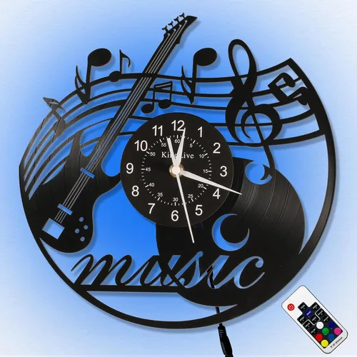 Vista 10 de KingLive Reloj de pared con disco de vinilo musical, decoración de sala de música, reloj de pared con tema musical, guitarra musical, decoración