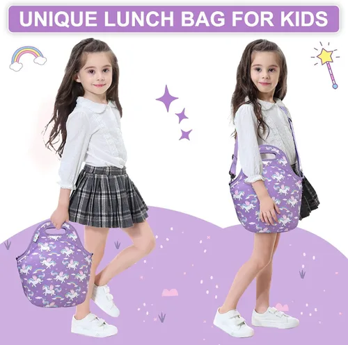Vista 7 de VASCHY Lonchera para niños, bolsa de almuerzo ligera de neopreno para niños pequeños y niñas a la escuela, guardería, jardín de infantes, unicornio
