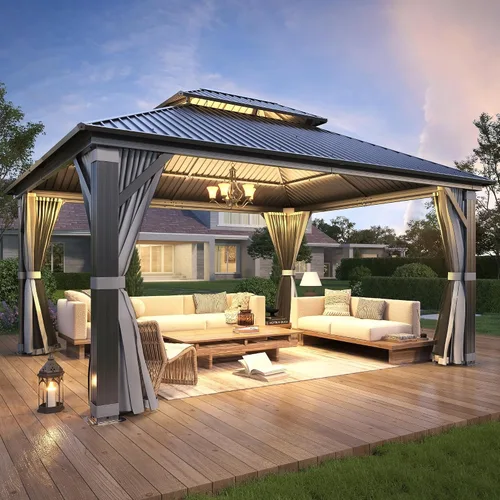 Vista 19 de GARTOO Gazebo de techo rígido para exteriores de 8 x 8 pies con techo doble Negro