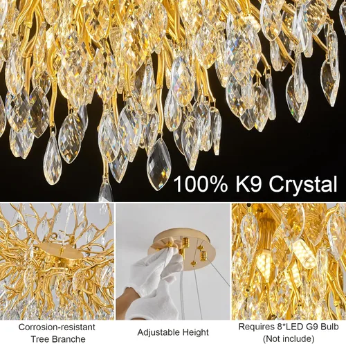 Vista 4 de Candelabro de cristal para comedor, lámpara moderna de 24 pulgadas para sala de estar, candelabros de rama de árbol dorado con 8 luces, lámpara