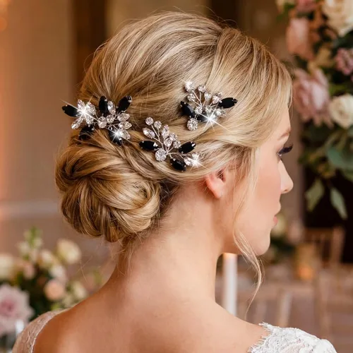 Vista 3 de Unicra Horquillas para el pelo de cristal negro plateado con diamantes de imitación, piezas de pelo de novia, accesorios para novias y mujeres