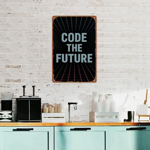 Vista 4 de Code The Future Sign With Retro Wave Lines Gradient Colors Synthwave Aesthetic Aluminum Metal Sign Posters 8x12 Inch For Living Room Bedroom