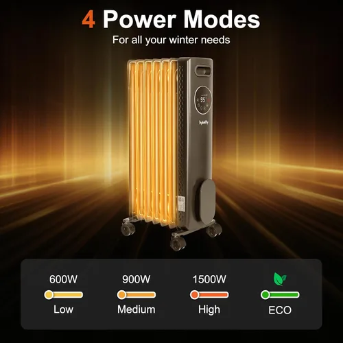 Vista 3 de hykolity - Radiador eléctrico de aceite, portátil, de 1500 W. Calentador radiante para toda la habitación con termostato ajustable, control remoto