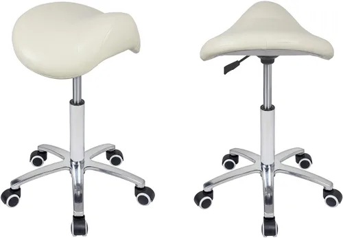 Vista 3 de Antlu Taburete Tipo Silla de Montar con Ruedas para Salón Médico de Pestañas Masaje Cocina Spa, Taburete Hidráulico Ajustable con Ruedas (Beige)