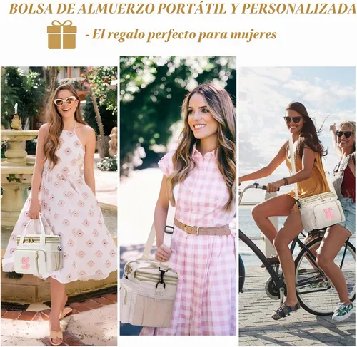 Vista 7 de Lonchera personalizada con inicial para mujer, bolsa de almuerzo grande con aislamiento térmico expandible de doble cubierta con correa