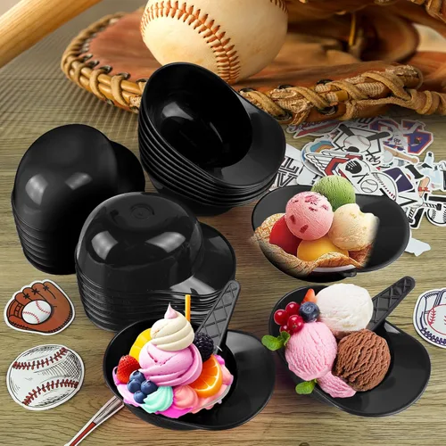 Vista 6 de MEEZY Juego de 16 cuencos de helado con diseño de casco de béisbol con 8 mini tazas de postre y 8 cucharas, 8 onzas. Cuencos reutilizables
