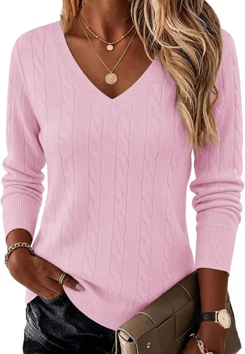 Vista 12 de Ekouaer Suéter de punto trenzado con cuello en V para mujer, manga larga Negro