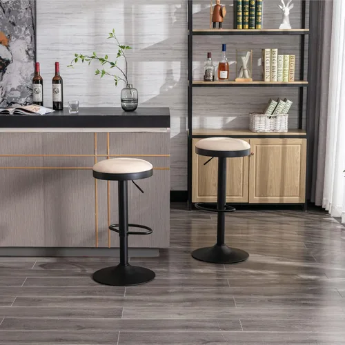 Vista 7 de Taburetes de bar sin espalda, taburetes de bar ajustables redondos individuales para encimera de cocina, taburete giratorio de altura de barra, beige