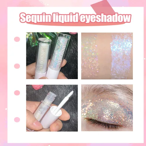 Vista 2 de Juego de maquillaje de lentejuelas líquidas en gel holográfico y delineador de ojos plateado, 2 piezas, resaltador líquido brillante, resistente al