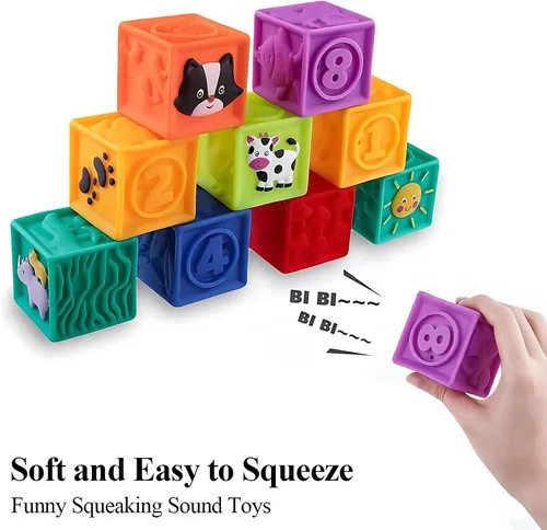 Vista 6 de Kingtree Bloques para bebés, 9 piezas de bloques de construcción suaves para bebés de más de 6 meses, juego de bloques educativos de dentición