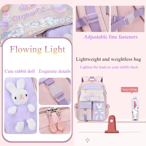 Vista 5 de EKUIZAI Kawaii Colorido Casual Niñas Mochila Escuela Primaria Mochila Dulce y Linda Mochila Infantil con Encanto, Púrpura-L