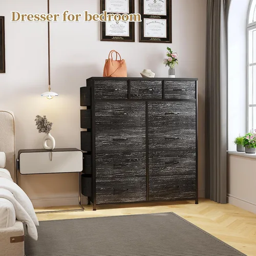 Vista 20 de Cómoda de almacenamiento de tela con 11 cajones para organización del dormitorio, cómoda con estantes profundos, bolsillos laterales y ganchos, Negro