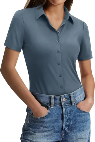 Vista 6 de Gleeivy Camisas con botones para mujer, ajustadas, de manga corta, elásticas, para el trabajo, sin arrugas, blusas de oficina