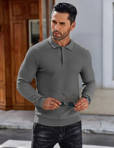 Vista 5 de COOFANDY Polo de punto para hombre, de manga larga, ligero, a la moda, informal, con cuello