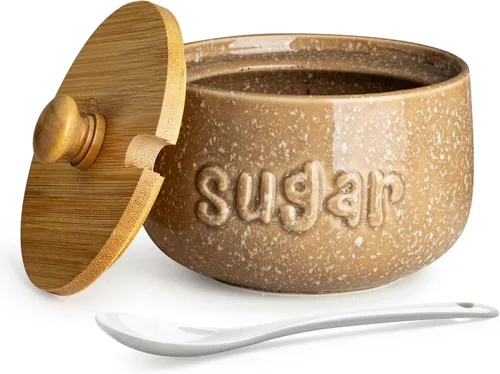 Vista 14 de LYEOBOH Azucarero de 15 onzas, recipiente para azúcar, contenedor rústico para azúcar con tapa de madera y cuchara para barra de café, apto
