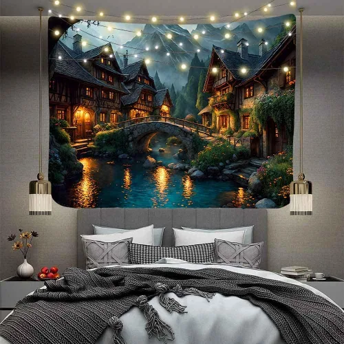 Vista 8 de Aidatain Tapiz de paisaje del mundo de cuento de hadas, tapiz grande de 80 pulgadas y 60 pulgadas, tela de franela para colgar en la pared de niños