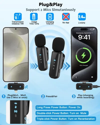 Vista 3 de Kit de vlogging para iPhone/Android, trípode de seguimiento facial automático de 63" para iPhone con luz, micrófonos inalámbricos, control remoto